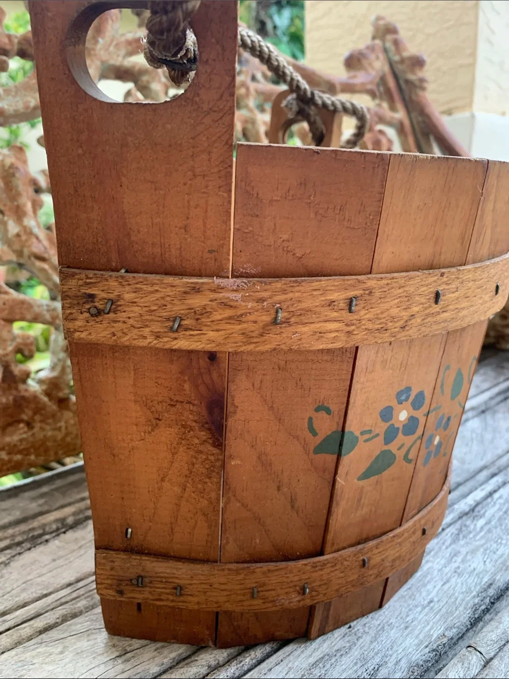 Vintage Flat Sided Wooden Hanging Basket with Red Heart and Floral Accents